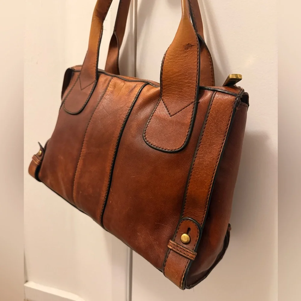 Vintage Fossil Keyhole Cognac Full Grain Leather Tote Y2K Zip Shoulder Bag 14x11